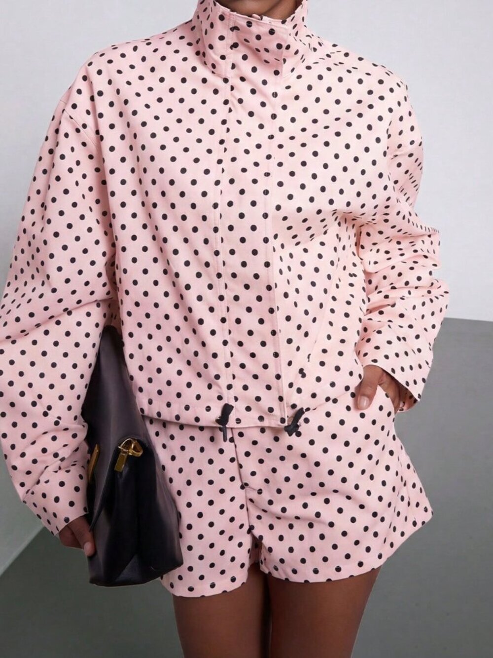 Pink Casual Women's Polka Dot Bomber Jacket with Stand Collar